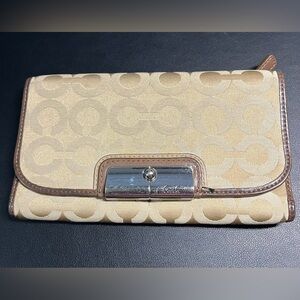 Coach Kristin Signature Canvas “C” Pattern Wallet in Tan Jacquard With Leather